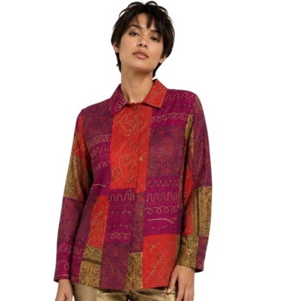 Chico's‎ Woodbury Jacket Women Size 0 Fuchsia Red Silk Blend Embroidered